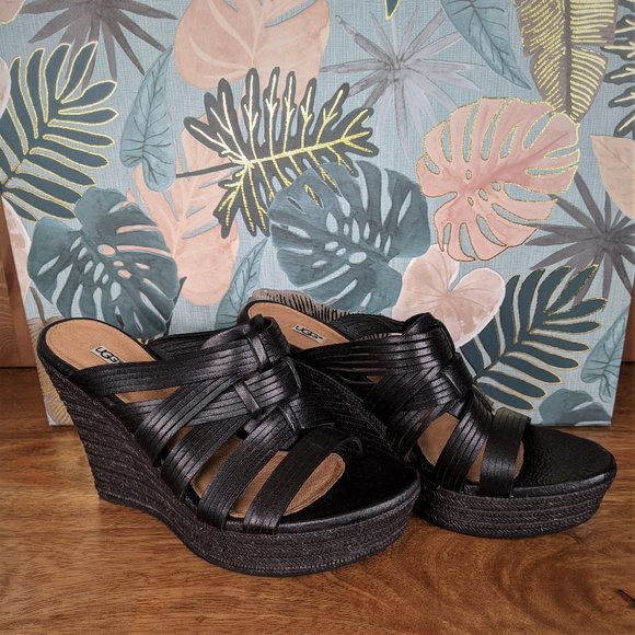 UGG Shoes - UGG BLACK Leather Wedge Sandals Size 8 NEVER WORN!